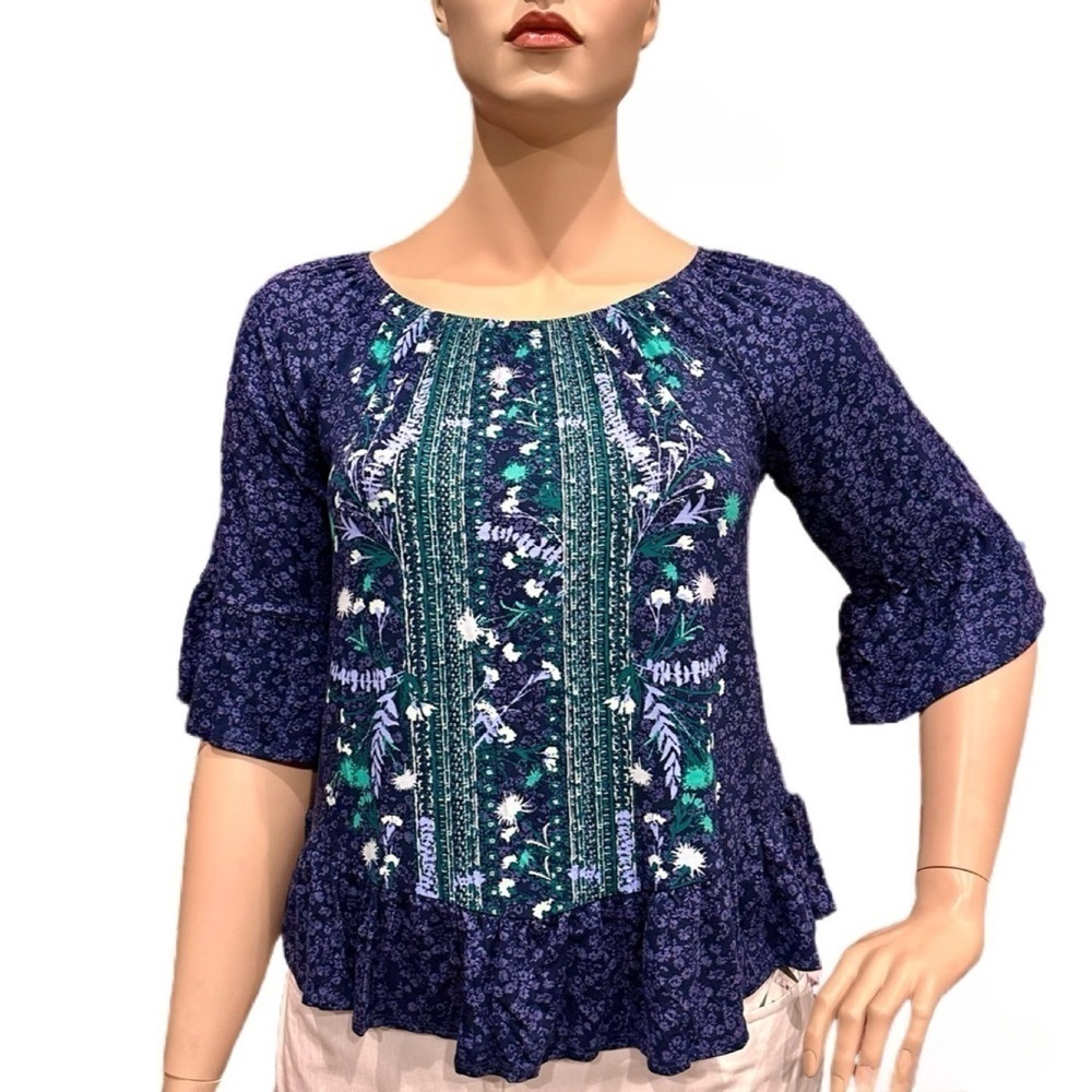 Style & Co Peplum Popover Top Size M. Navy Multi Ruffles at Hem Half sleeves NWT